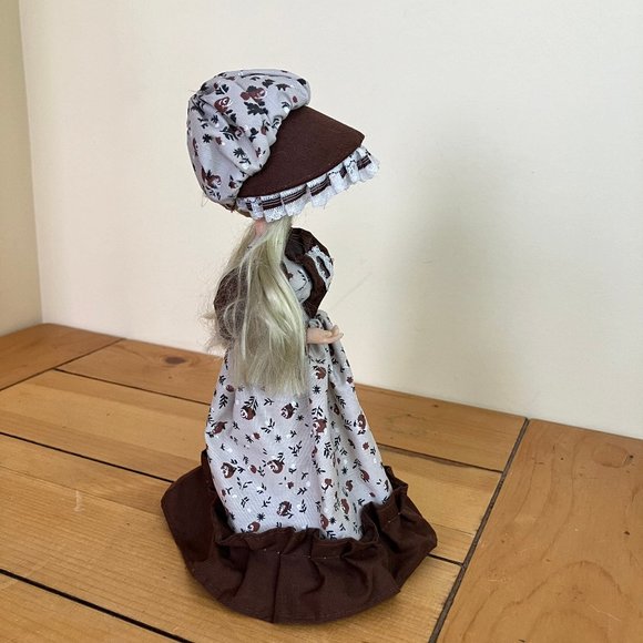Blonde Big Eye Doll Brown Calico Floral Prairie Bonnet & Dress 9" Vintage Korea - Picture 4 of 12